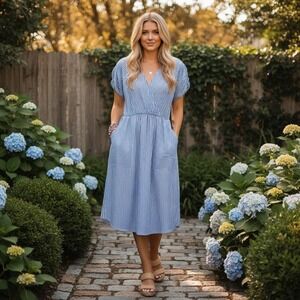 Peyton & Parker Striped Wrap Front Midi Dress Pockets Ruched Sleeve Preppy  L